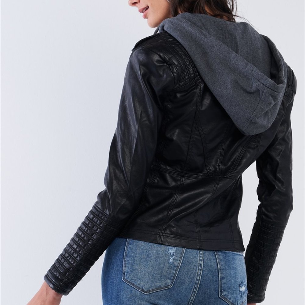 Rock & Roll Hoodie Vegan Leather Jacket (Black) - Picture 4 of 6